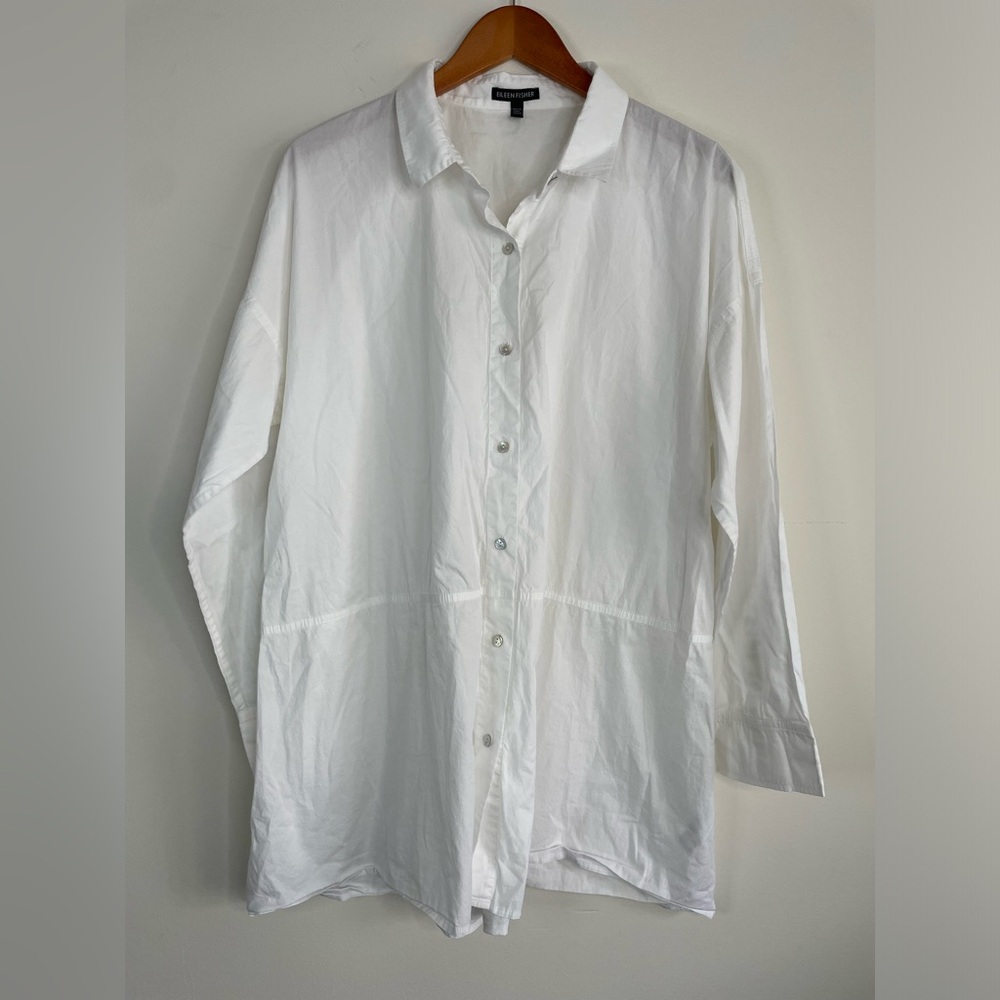 Eileen Fisher Sz L Organic Cotton Button Up Tunic White Shirt Minimalist Stretch